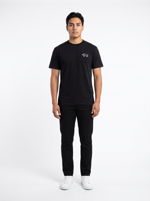 CLASSIC CARLOS black tee on model tee by Carlos the Dog, view 2