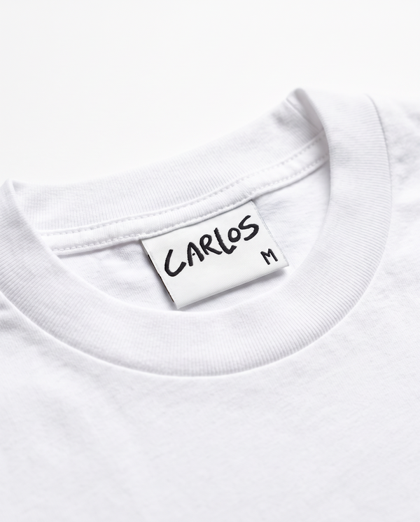 Carlos neck label, white tee tee by Carlos the Dog, view 3