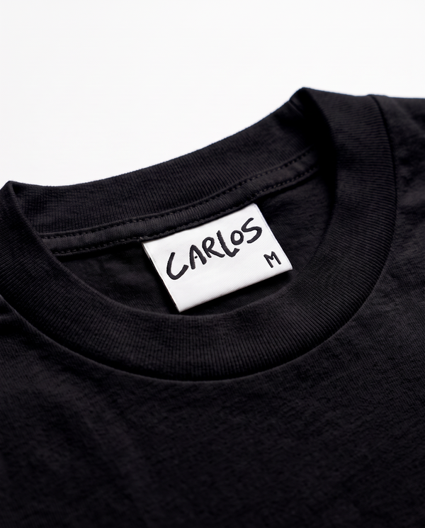 Carlos neck label, black tee tee by Carlos the Dog, view 3